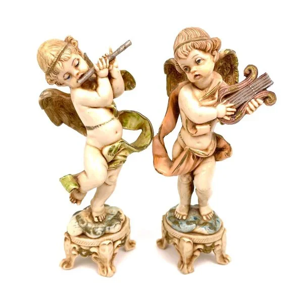 Vintage Set of 2 Fontanini Depose Italy Angel Playing Instrument Figurine 6 inch - Picture 1 of 13